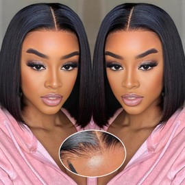 AOWVUTS Short Bob Wigs Wear and Go Glueless Wigs 180% Density Straight Bob Wig 5x5 Lace Frontal Wig Synthetic Wig Natural Black Transparent Lace Front Wigs Pre Plucked