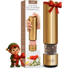Eparé Brass Salt and Pepper Mill - Battery Operated Gold Pepper Grinder with Ceramic Burr - Automatic Steel Peppermills With LED Light - Gold or Brass Color