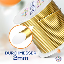 Talvani Aluminium Wire 30 m, Diameter 2 mm, High-Quality Wire for Crafts and Modeling, Premium Gold Wire, Improved Decorative Wire Made of Aluminium for Rings in Gold, 30 m