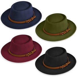 4 Pcs Fedora Hats for Women Vintage Wool Fedora Hat Felt Boho Pork Pie Hat with Belt Panama Hat Jazz Hat (Black, Wine, Dark Blue, Dark Green)
