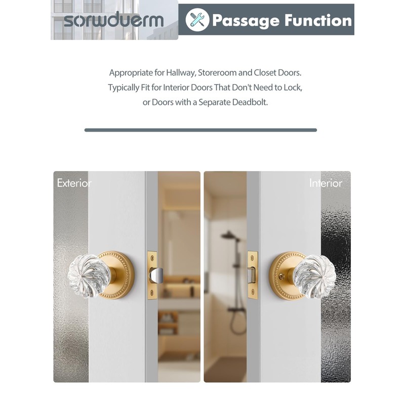 SORWDUERM 1 Pack Crystal Door Knobs Gold Door Knob Brushed