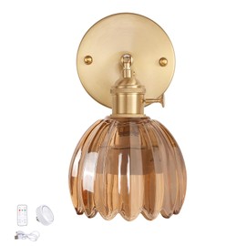 Shenmoyl Vintage Battery Operated Wall Sconce with Amber Tulip Glass Lampshade Rechargeable Battery Powered Wall Light with Remote Control for Bedside Bedroom Doorway