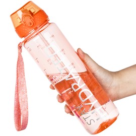 OLDLEY 1L Sports Water Bottle with Straw, Tritan 1 Litre Motivational Drink Bottle, BPA Free Leakproof Transparent Water Bottle with Time Marker for Cycling, School, Gym, Outdoor (Peach)