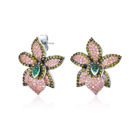 3D Green Pink Orchid Flower Shaped Pave CZ Large Stud Earrings For Women Cubic Zirconia Silver Plated Brass