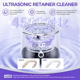 Ultrasonic Retainer Cleaner, 45kHz Denture Cleaner Machine, 5min and 10min Modes, 200ml Dental Cleaning Pod, MouthGuard Cleaner for Aligner Jewelry