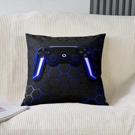 Set of 2 Pillow Cases, 55x55 cm, Gamer for Boys, Teenagers, Game Cushion Cover for Bedroom, Gamepad Pillow Case with Neon Lights, Decorative, Blue Grey