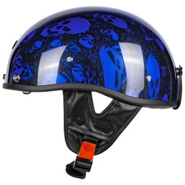Quickool Retro Motorcycle Half Helmet with Retractable Sun Visor, DOT Certified Vintage Open Face Helmets for Men & Women for Cruiser Chopper Moped Scooter (Blue Skull,L)