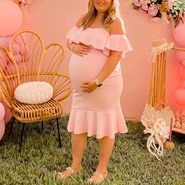 Off The Shoulder Maternity Dress Summer, Elegant Baby Shower Dress Bodycon Mermaid Midi with Ruffle Short Sleeves for Women, A-pink, Small