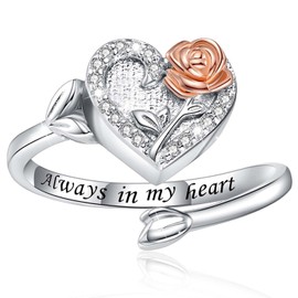 925 Sterling Silver Heart Urn Ring for Ashes for Women - Cremation Jewelry Keepsake Thumb Rings Adjustable with Rose/Tulip Gift for Lost Of Love Ones Human Adult Pet, Sterling Silver, Cubic Zirconia