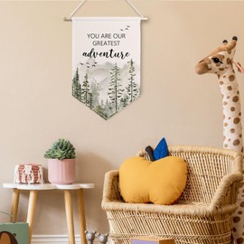 ChissNook Woodland Nursery Canvas Banner, You Are Our Greatest Adventure Mountain Forest Hanging Pennant Banner Flags Wall Display, Mountain Nursery Wall Decor for Kids Room Bedroom Playroom
