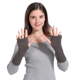 Women Long Fingerless Gloves Winter Knitted Arm Warmers with Thumb Hole Wrist Crochet Hand Warmer Ladies Skull Mittens Girls Thermal Wool Crochet Driving Mittens for Christmas Birthday Gift