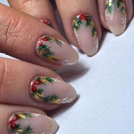 24pcs Christmas Press On Nails Short Almond Fake Nails Holly Leaf With Gold Glitter Design Nude False Nails Xmas Full Cover Glue On Nail Winter Stick On Nail For Women Manicure Art