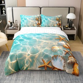 jejeloiu Coastal 100% Cotton Duvet Cover,Kids Boys Girls Queen Size Seashore Beach Bedding Set,Ultra Soft Beach Theme Comforter Cover Set Bedspread Cover,Shell Starfish Ocean Bedclothes,No Comforter