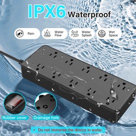 Outdoor Power Strip 6 Ft, IPX6 Waterproof Surge Protector 10 Widely Spaced AC Outlets Extension Cord, 45° Flat Plug, Wall Mountable, 14 Gauge 125V for Garden Patio Camping Christmas Lights-ETL