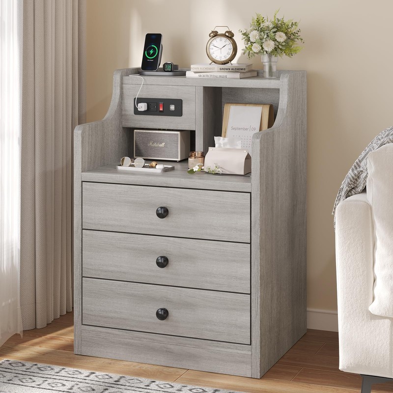 Tiptiper Nightstand with Charging Station, Grey Night Stands with Hutch,