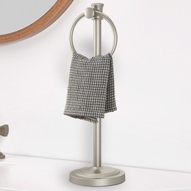 Hoimpro 17 Inch Stand Hand Towel Holder Towel Bar Towel Hanging Ring, Free Standing Floor Hand Towel Rack Storage for Bathroom Kitchen Vanity Countertops, Hardware Accessories(Brushed Nickel)