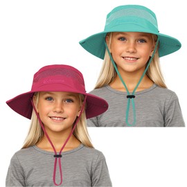 Zando Girls Sun Hat UPF 50+ Kids Bucket Hat Adjustable Kids Hats Girls Camping Hiking Boating Surfing Beach Lake Blue & Rose Red 5-13 Years