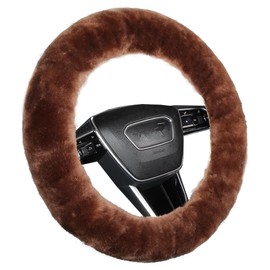 Soft Fluffy Sheepskin Car Steering Wheel Cover for Universal Auto Vehicle Women Man 14 1/2 inch-15 1/2inch Fuzzy Accessories (Saddle Brown)