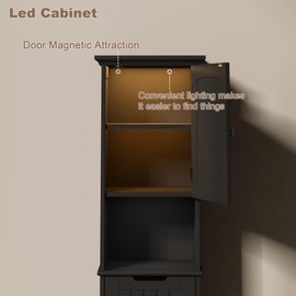 ChooChoo 67" Tall Bathroom Storage Cabinet Freestanding with LED Light and Adjustable Shelves, Narrow Storage Linen Cabinet with 2 Doors and 1 Drawers for Bathroom, Living Room, Kitchen, Black.