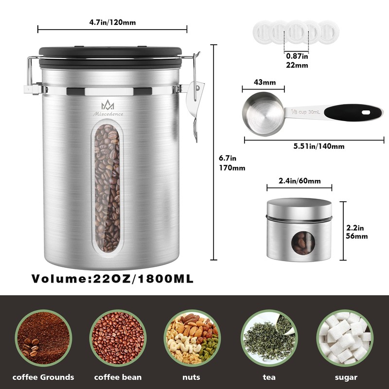 Coffee Canister for ground coffee with Transparent Window,Date Tracker,CO2 Valve,Scoop,304