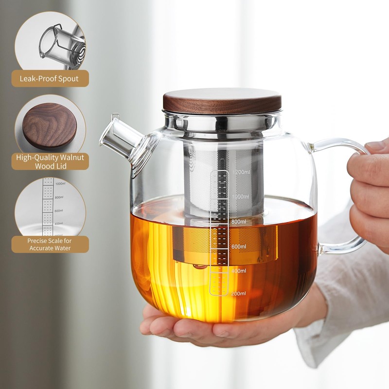 DOPUDO Glass Teapot With Stainless Steel Infuser 1200ml, Glass Tea