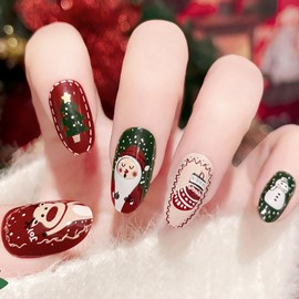 Christmas Press On Nails Almond Fake Nails With Christmas Tree Elk Deer Santa Claus Red Green Christmas Nails Design Christmas Press On Nails For Women Impress Christmas Nails Cute Christmas Nails