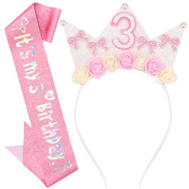 Exacoo 3 Year Old Girl Birthday Gift 3rd Birthday Decorations for Girls Birthday Crown Headband and Sash 3rd Birthday Girl Outfit Pink Glitter Fairy Flower Hair Bow Ice Cream Themed Party Decorations
