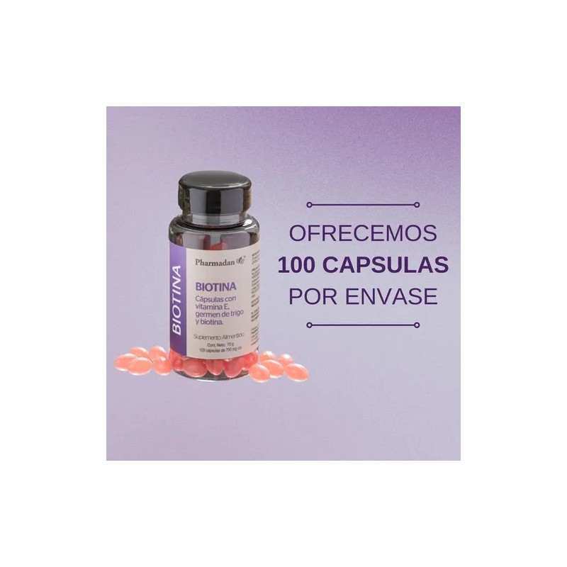 Pharmadan Biotina con Vitamina E 700mg 100 Cápsulas Suplemento Nutricional