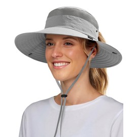 FURTALK Sun Hats for Women with Ponytail Hole Beach Hiking Summer Wide Brim Outdoor UV Protection Packable Bucket Safari Hat Grey