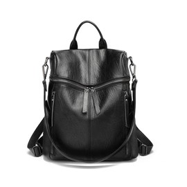 AurexaFashion Genuine Cow Leather Backpack Shoulder Handbag Bag for Women, Top Handle & 2 Detachable Straps -Black