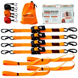 RoofPax Premium 2'' x 10" Retractable Ratchet Straps 4 Pack 3000lbs Break Strength Heavy Duty Auto Self-Retracting Tie Down Straps for Trucks Secure Cargo Tie Downs with 6pcs Bungee Cords