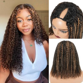 FB30 Highlight Kinky Curly V Part Wigs Human Hair with Drawstring Ready To Go Glueless Wigs Curly Human Hair Upgrade 200% Density V Part Wig Human Hair Healthy Without Shedding,Balayage Brown 26inch