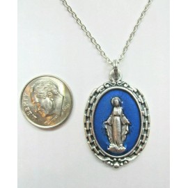 Ladies Large OLo The Miraculous Medal Blue Enamel Pendant Necklace 20" Chain