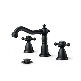 FORIOUS Matte Black 3 Hole Brass Vintage Farmhouse Bathroom Faucet, 8 Inch Widespread Bathroom Faucets 2 Cross Handles with Metal Pop Up Drain and Supply Hoses, for RV Vanity
