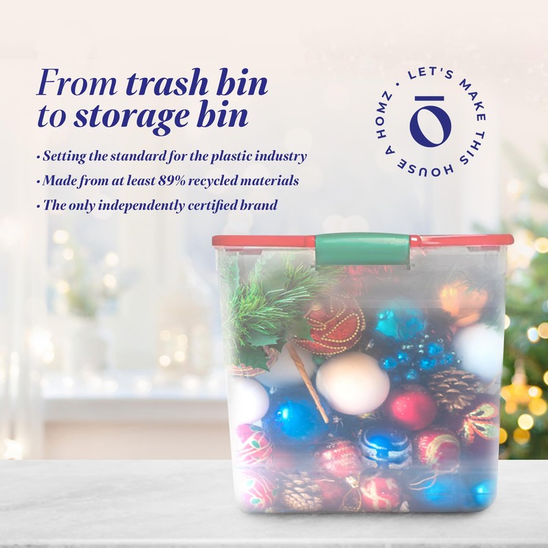 HOMZ 4-Pack Holiday Tote, Clear Plastic Storage Bins w/ Lids