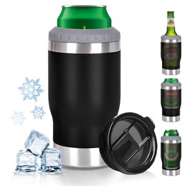 Enfriador de bebidas de 4 en 1, Porta caguama de 14 onzas con destapador, Termo para cerveza con dos tapas, Porta cerveza de acero inoxidable 304, Para lata estándar, botella de cerveza, Negro