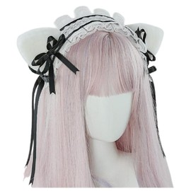 pkpohs Headdress Cat Ears Cat Ears Lolita Maid Clothes Hair Ornament Headband Ribbon (Black)