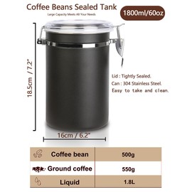 Walktosun Airtight Coffee Canister with Clear Lids, Large Container for Ground Coffee 1.8L/62 floz Stainless Steel Storage Container Jar for Coffee Bean, Cereal, tea, Flour, Sugar (1.8L Dark Black)