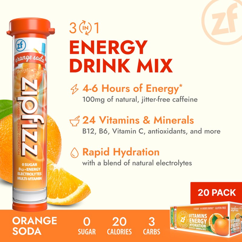 Zipfizz Daily Energy Drink Powder, Orange Soda, 20 Pack |