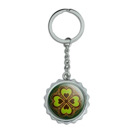 Four Leaf Clover Lucky Keychain Chrome Plated Metal Pop Cap Bottle Opener