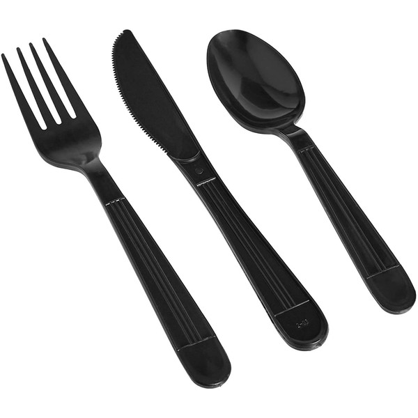 Individually Wrapped Black Heavy Weight Plastic Fork(100) + Spoon(50) +