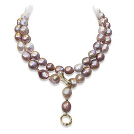 Metallic Baroque Pearls Long Necklace, 45" Kasumi Pearls & Sterling Silver Toggle Clasp Lariat Necklace, Freshwater Pearls Two Rows Necklace (rhodium-plated-silver)
