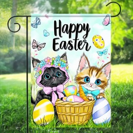 BlissYard Welcome Happy Easter Garden Flag 12 x 18 Double Sided Easter Cat Garden Flag Bunny Ears Decorative Yard Outdoor Home Small Decor Kitty Kitten Spring Farmhouse Outside House Banner