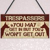 RED OCEAN Funny Beware Trespassers Dog Warning Sign House Novelty