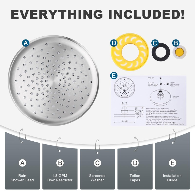 ALEASHA High Pressure Rain Shower Head, 6 Inch 1.8GPM Fixed