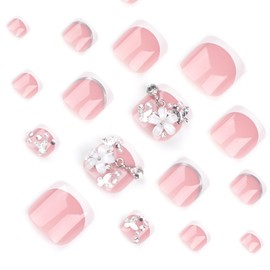 Press on Toenails French Tip Fake Toe Nails 3D Pearl White Flowers False Toenails Full Cover Short Square Acrylic Glue on Toenails Rhinestones Artificial Stick on Toenails for Women 24Pcs