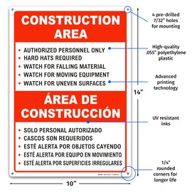 Brimar - 10" x 14" - Bilingual Construction Area Rules Sign - .055″ Polyethylene Plastic - Bilingual Design - Easy Installation