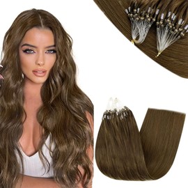 RUNATURE Brown Micro Ring Hair Extensions Real Human Hair Micro Beads Remy Hair Extensions Brown Cold Fusion Micro Loop Extensions Real Hair Brown Human Hair Extensions 50g/50s 16 Inch