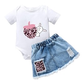 LUVCES Newborn Baby Girl Clothes Letter Print Ruffle Romper+ Jeans Ripped Denim Skirt Infant Outfit Set 0-18 Months, D: White Rabbit, 12 - 18 months