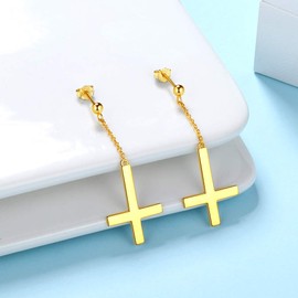 Upside Down Cross Earrings Women Mens Hip Hop earrings 925 Sterling Silver 18K Gold Filled Inverted Cross Dangle Earrings Satanic Earrings Stud Statement Jewelry Gift FE0103Y